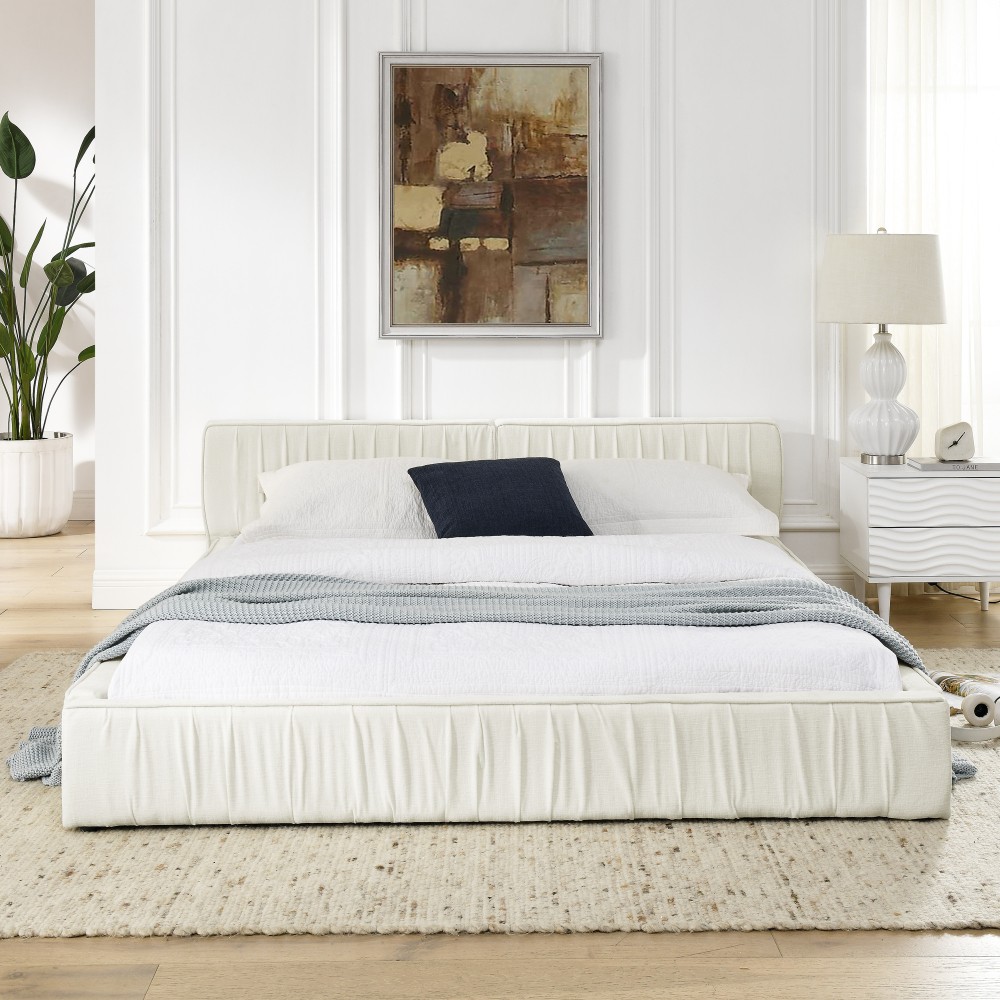 Queen Upholstered Bed Frame w/ Headboard & Platform Base, Beige