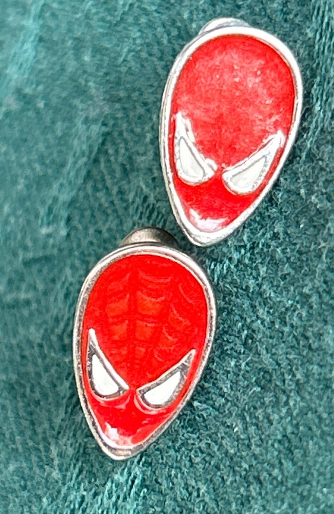 Vintage Marvel Comics Spider Man Red Enamel Face Stud Earrings 1/2”