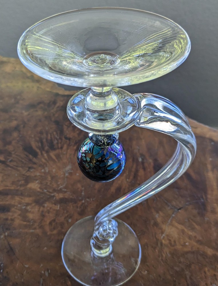 Handblown Clear Glass Candlestick With iridescent Orb 9.5"