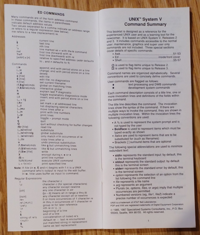Korn Shell Reference '91 + UNIX System V Command Summary '87 Vintage UNIX Cards