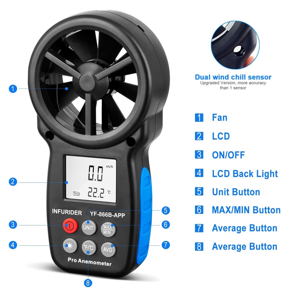 Bluetooth Digital Anemometer Wind Speed Meter with App and Backlight