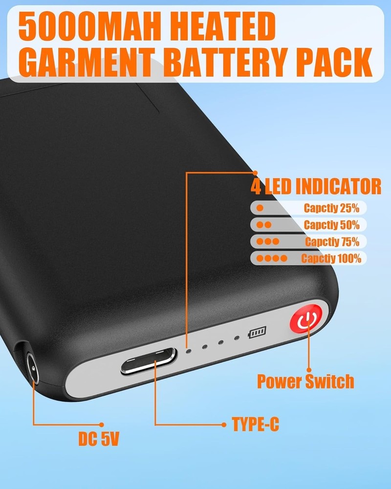 Reliable 5V2A Battery Pack for Heated Apparel - Pocket-Sized & Wireless Charging