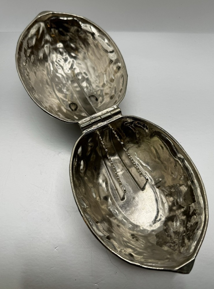 Vintage Walnut Shaped Silver Toned Metal Hinged Nut Cracker 5”