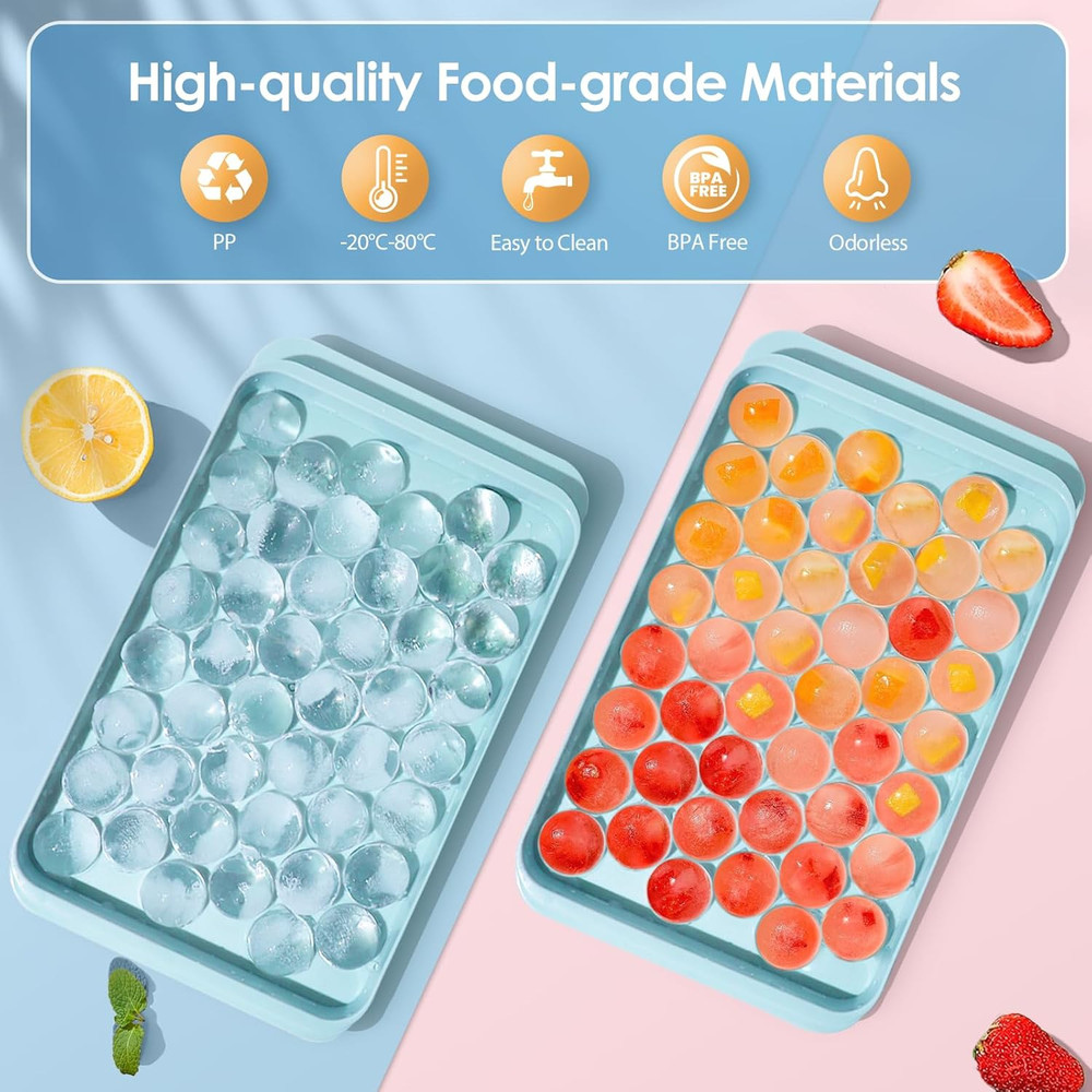 2-Pack Round Ice Cube Trays with Lid & Bin – Freezer Ice Container, Blue, 0.8"