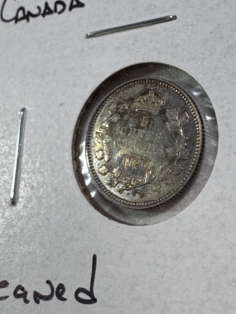 1920 Canada 5 Cents Small Silver Coin Cleaned