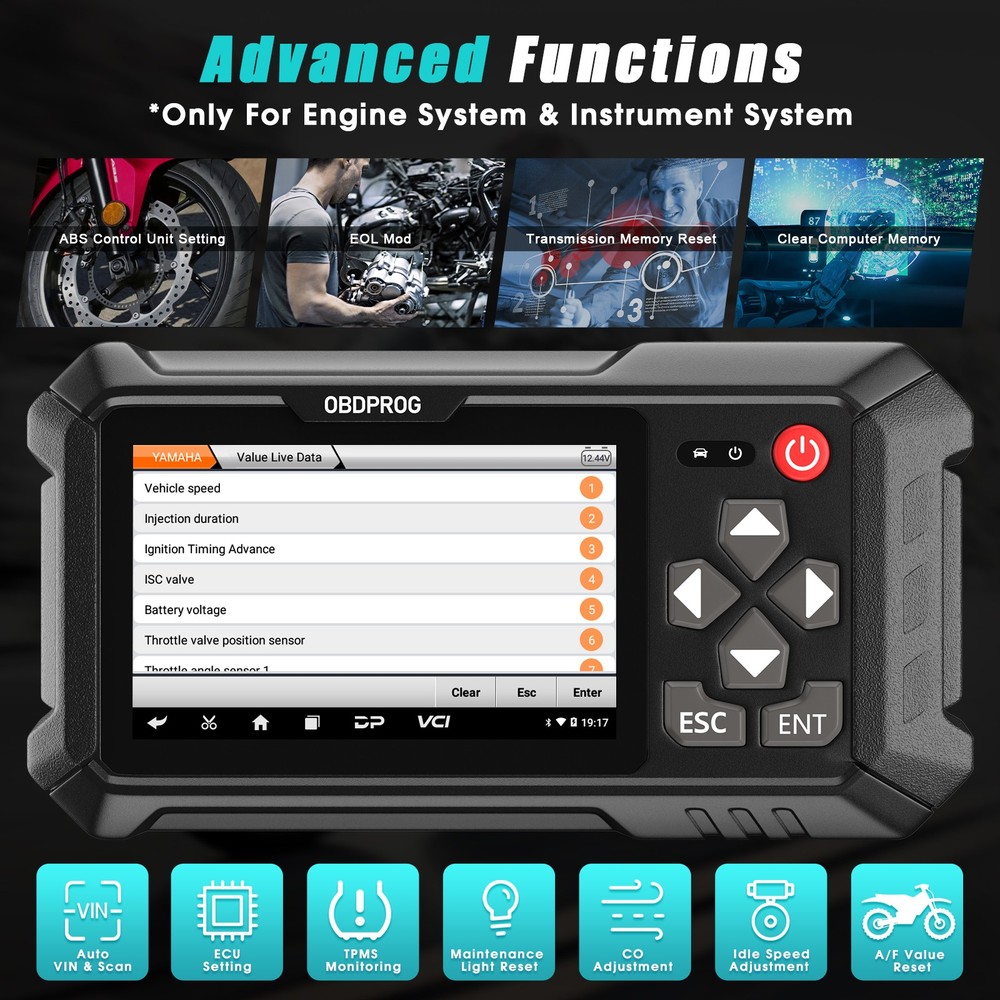 Motorcycle OBD2 Scanner All System Diagnostic Code Reader Idle Adjustment Reset