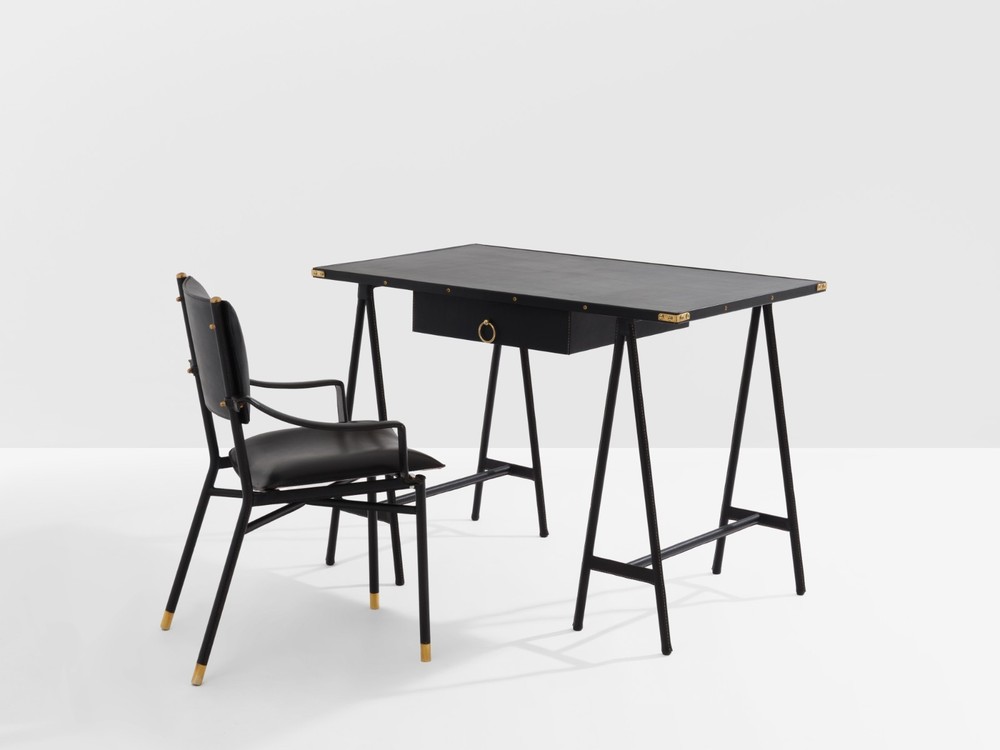 Jacques Adnet saddle-stitched leather brass desk chair 1950