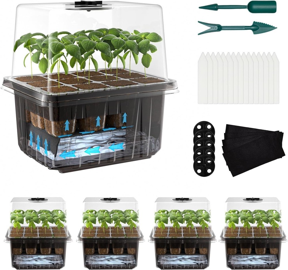 Seed Starter Trays Self-Watering - Kit with Humidity Dome, 5-Pack 60-Cell Pla...