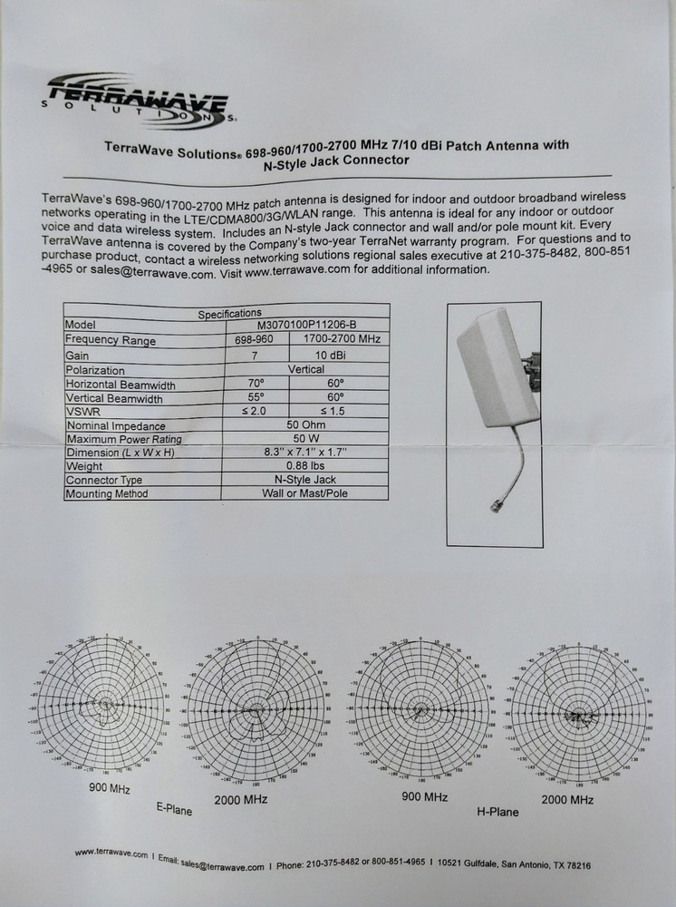Terrawave Solutions Ventev's Patch Antenna Model #M3070100P11206-B