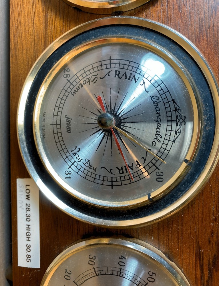 Tabletop Weather Station featuring three analog gauges in a solid wood case