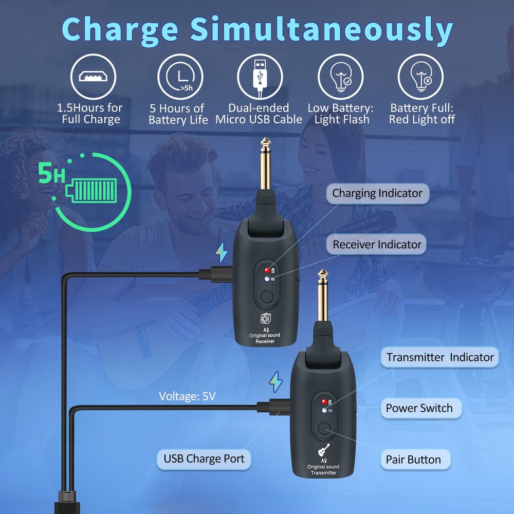 Wireless Guitar System Transmitter Receiver Audio Guitar 100ft Rechargeable