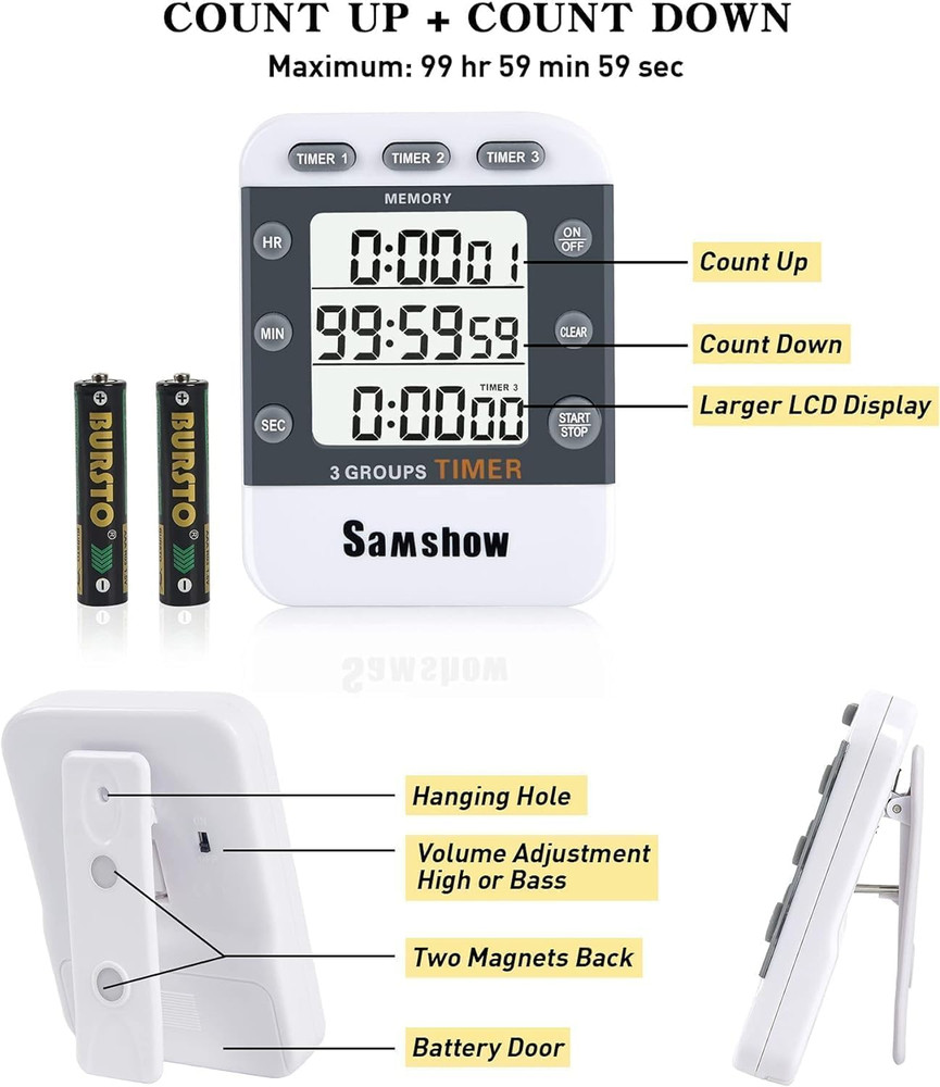 Digital Kitchen Timer Dual Timers 3 Channels Count Up/Down Cooking Timer Large
