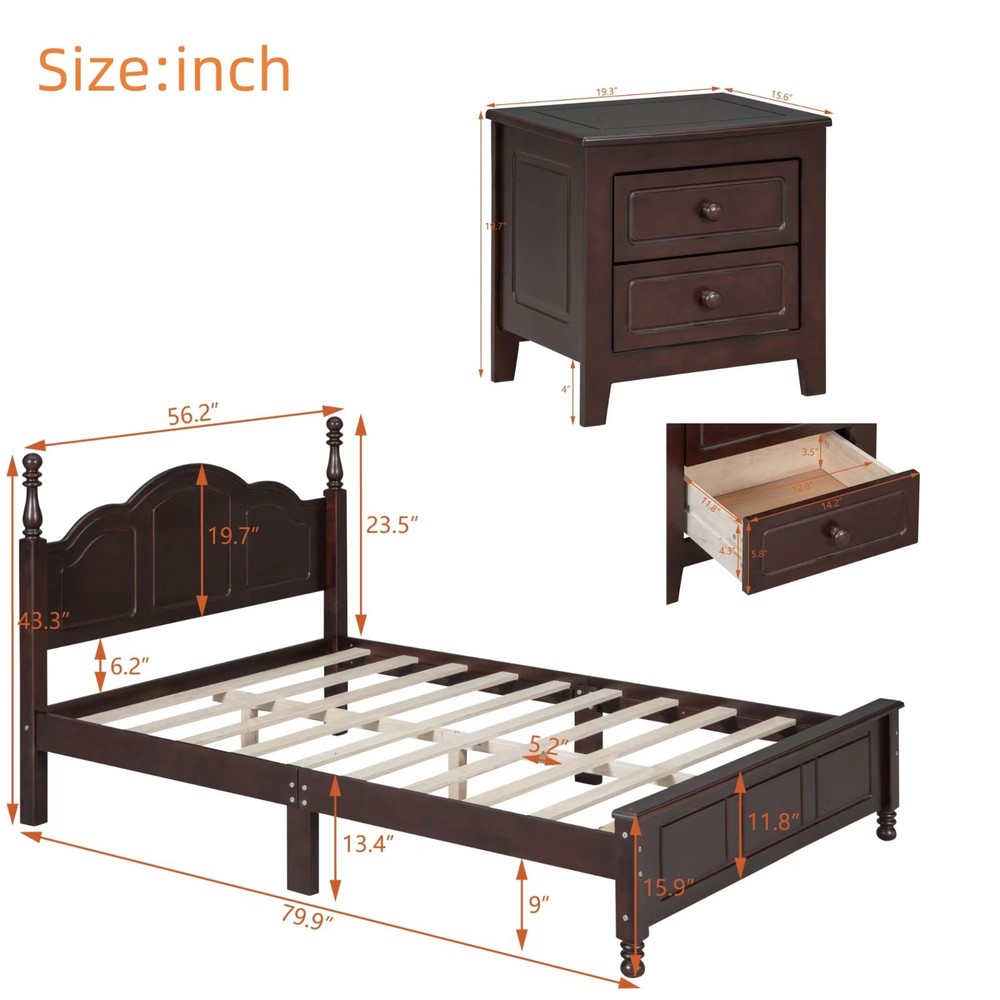 3-Piece Bedroom Set: Full Size Wood Platform Bed + 2 Nightstands