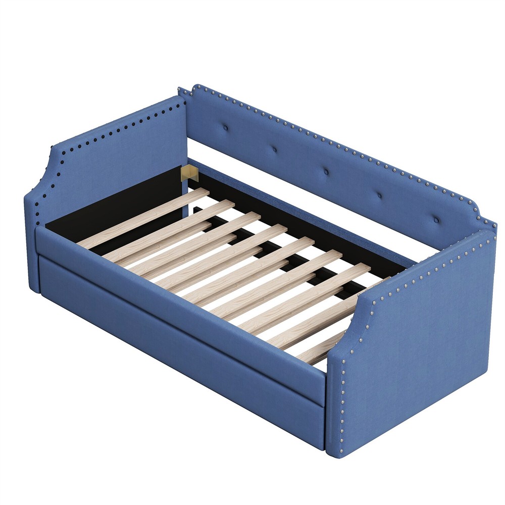 Twin Size Daybed w/ Pull-Out Trundle Bed Upholstered Bed Frame Sofa Bed Blue