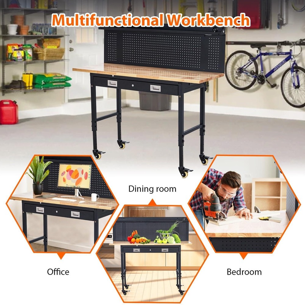 60" x 22" Adjustable Workbench ,Heavy Duty Work Table with Drawer and Pegboard