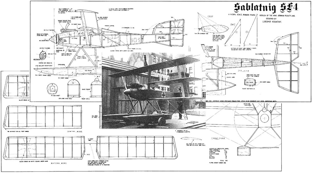 Model Airplane Plans (FF): Sablatnig Sf-4 19" Scale Floatplane Rubber-Powered