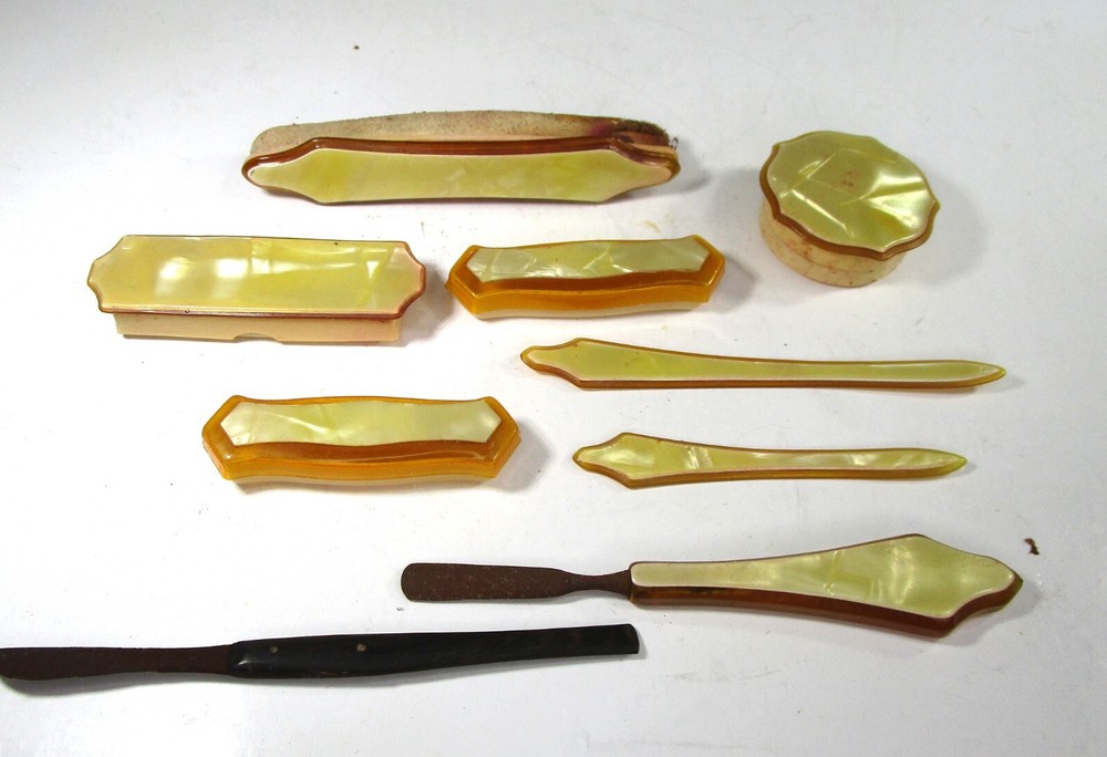 Antique Art Deco Celluloid Manicure Nail Tools & Vanity  Boxes SET 9