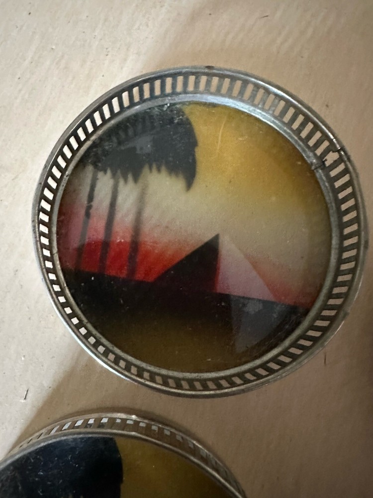 6 Vtg Reverse Glass & Silverplate Coasters Egypt Pyramid Art Deco Pattern Japan