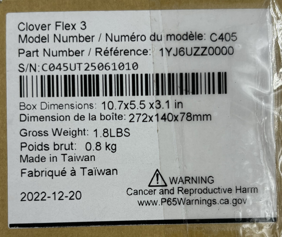 CLOVER FLEX 3 C405 1YJ6UZZ0000 HANDHELD POS SYSTEM -LOCKED