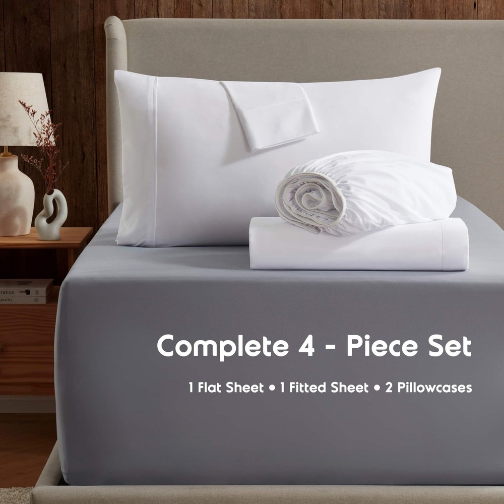Microfiber 100% Polyester 4 piece King Sheet Set, Light Gray