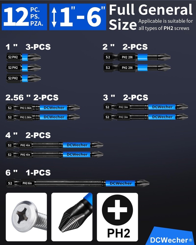 12-Pack 2 Phillips Bits #2 Impact Magnetic, Professional Long Phillips Head D...