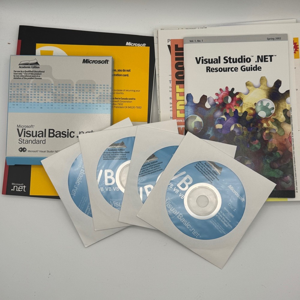 Vintage Microsoft Visual Basic .NET Standard Academic 2002 Full Set CDs Guides