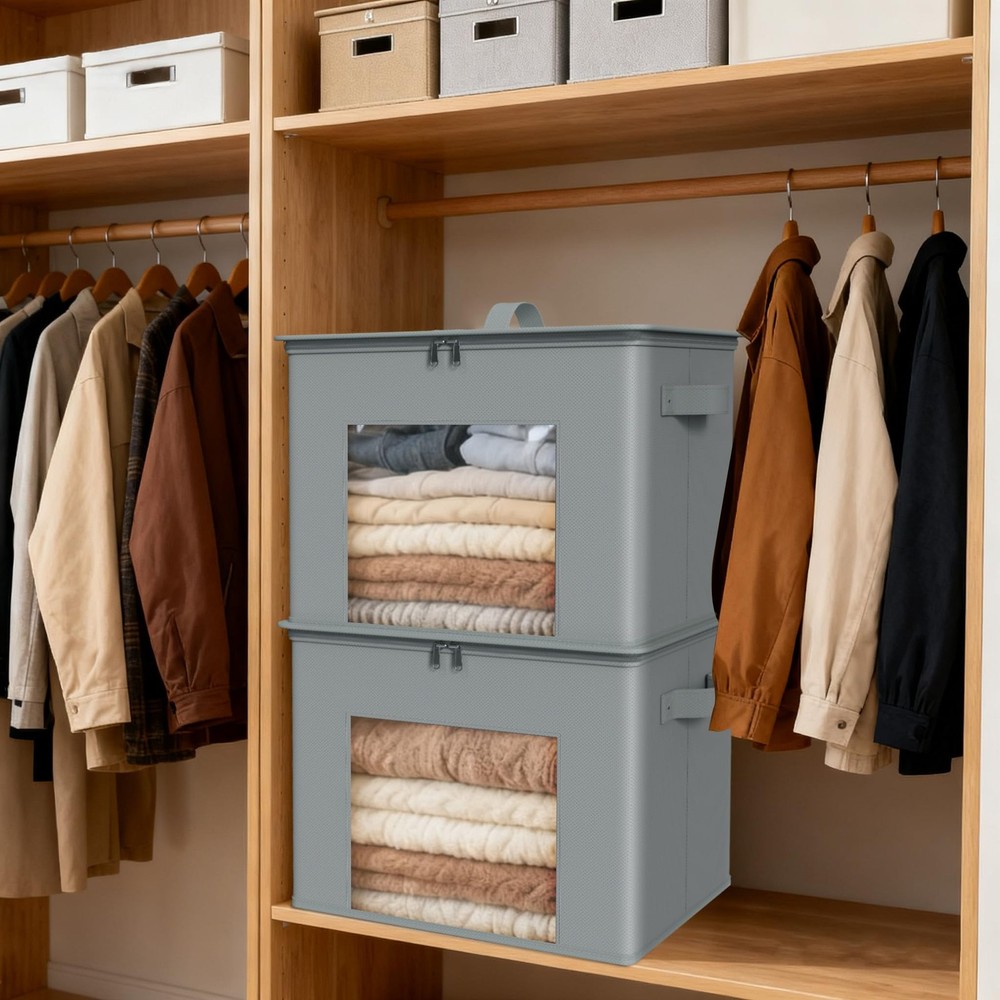 Fabric Storage Bins with Lid 4-Pack Stackable Closet Storage Bins Sweater Org...