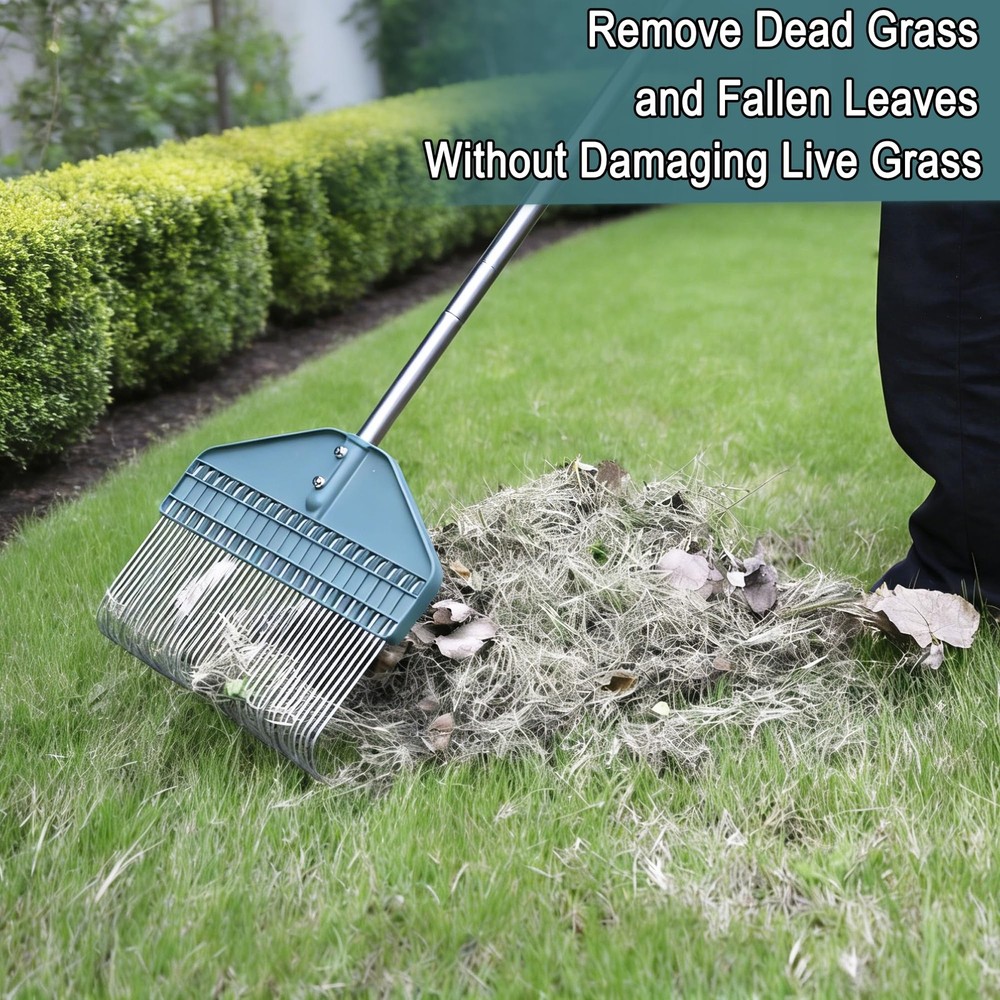 Thatch Rake with 66 Inch Adjustable Handle, 17 Inch Wide Durable Dethatcher R...