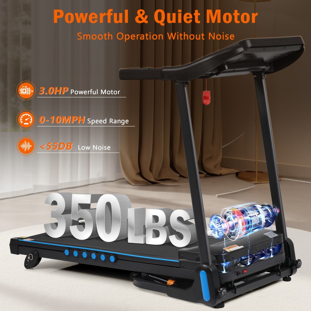 Black 3.0 HP Incline Treadmill - 350lbs, 10MPH,Hydraulic Auto-Folding,Type C+USB