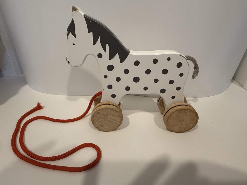 Vintage Goki Horse Pull Toy White With Black Mane And Spots Red Pull String