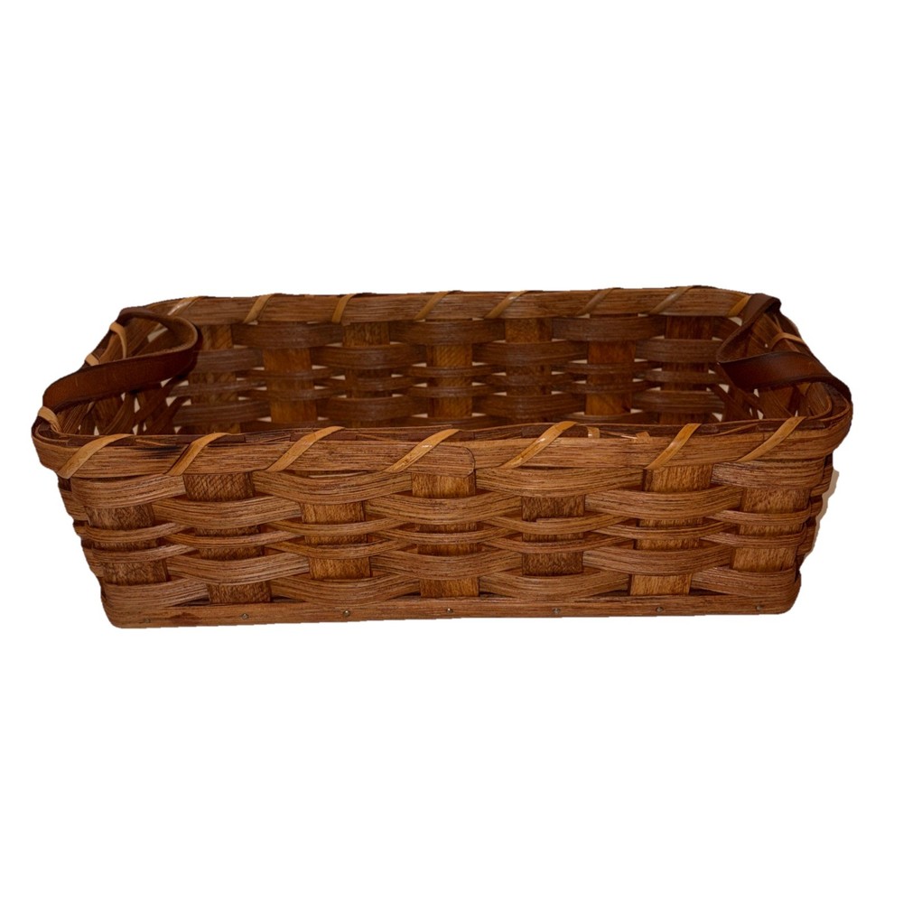 Amish Handmade 12" Bread Desk Basket W/ Leather Handles Solid Oak Bottom Signed
