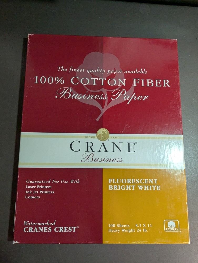 Crane Fluorescent Bright White Cotton Fiber Heavy 24lb 8.5x11~100 sheets