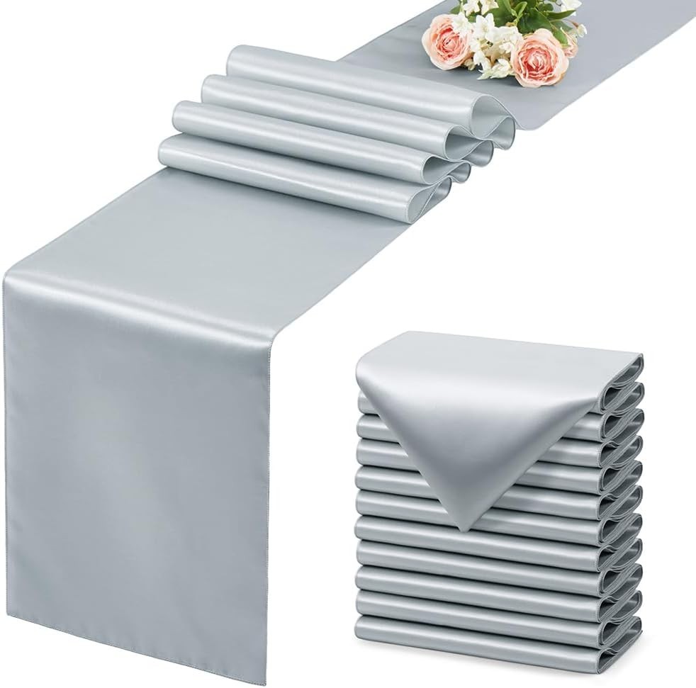 12 Pack Silver Table Runner 12x108 Inches Long, Satin Silk-Like Smooth Table ...
