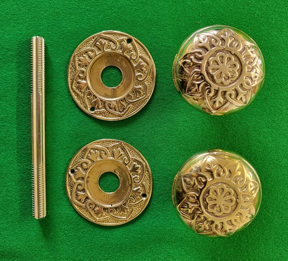 Pair round cast solid brass door knobs backplates pull handles ironmongery craft
