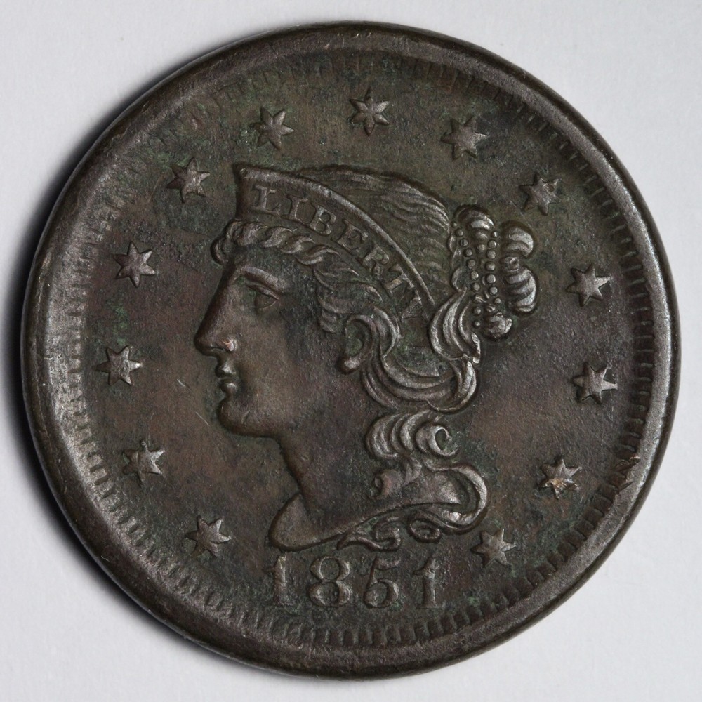 1851 Braided Hair Large Cent XF E131 WAEA