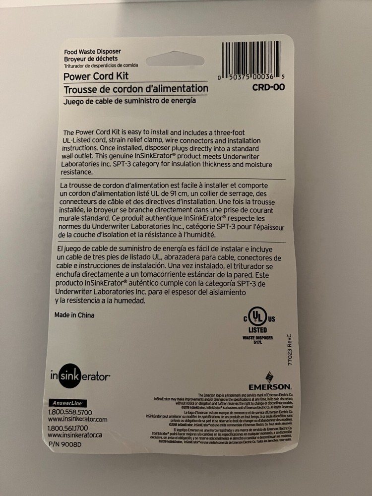 NEW InSinkErator CRD-00 Power Cord Accessory Kit - K