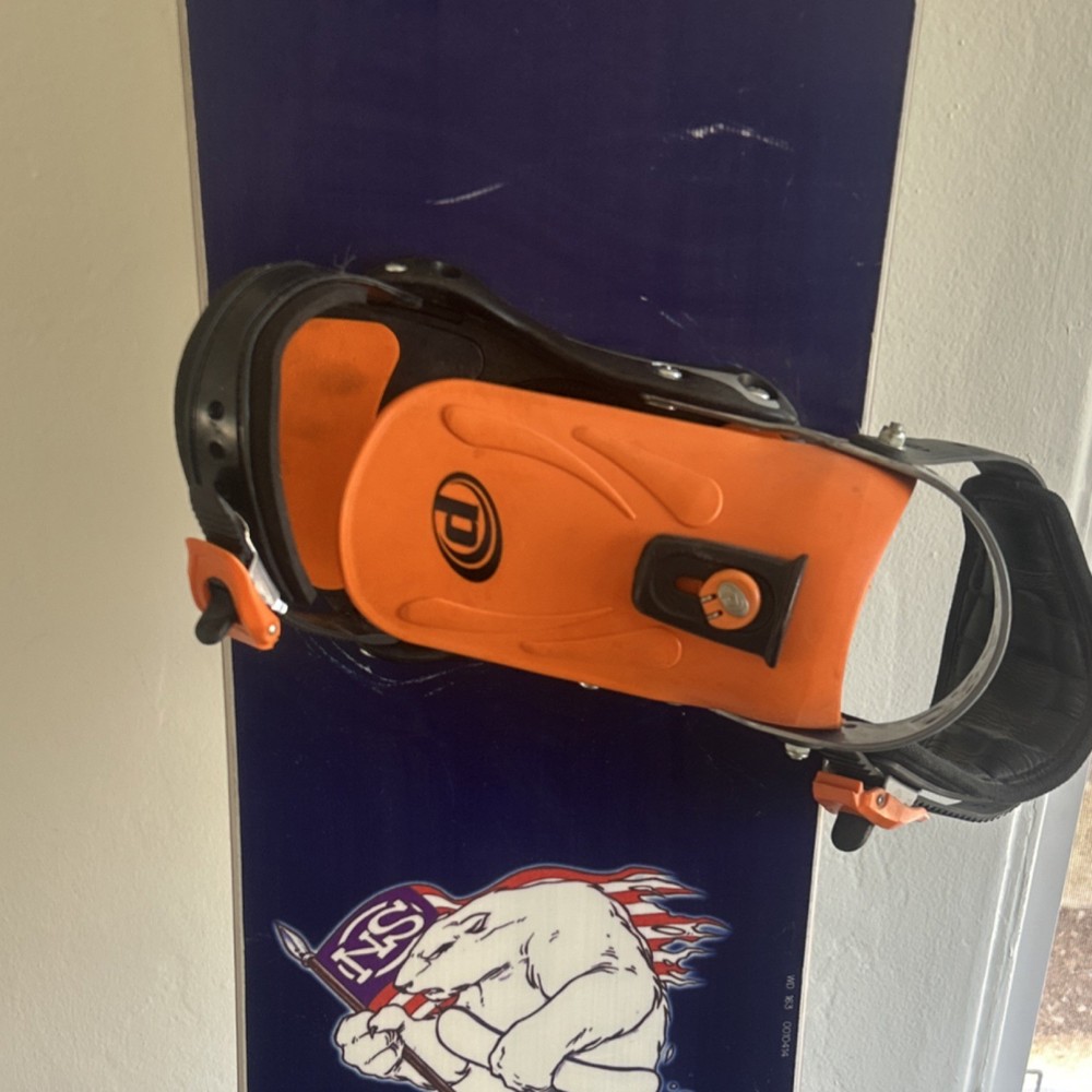 Never Summer Snowboard Blue Orange White with Bindings 4x4 Mount Pattern