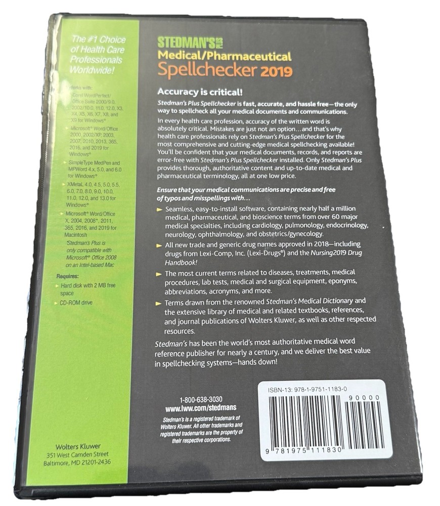 Stedman's Plus Medical/Pharmaceutical Spellchecker 2019 - Windows & Mac CD