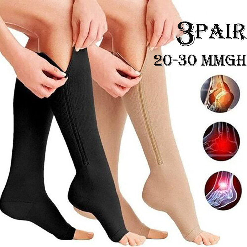 Zippered Compression Socks Open Toe Knee High Circulation Easy On/Off