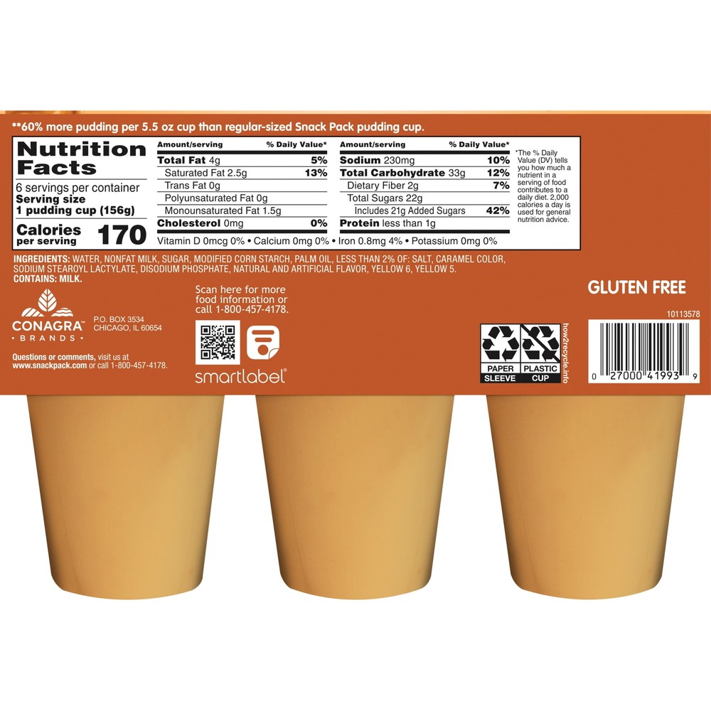 4 pack Butterscotch Flavored Pudding, Super Size, 6 Count Pudding Cups