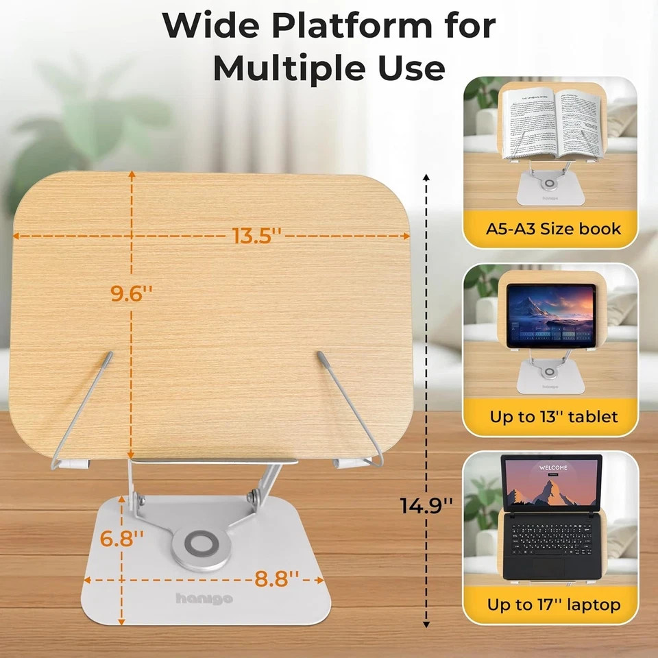 Book Stand for Reading - Adjustable Book Holder with 360° Rotating Base, Ergonom