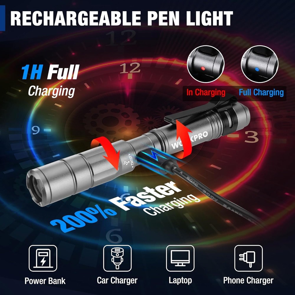 WORKPRO Rechargeable Pen Light Mini Flashlight 2 Pk Ultra-Compact EDC Flashlight