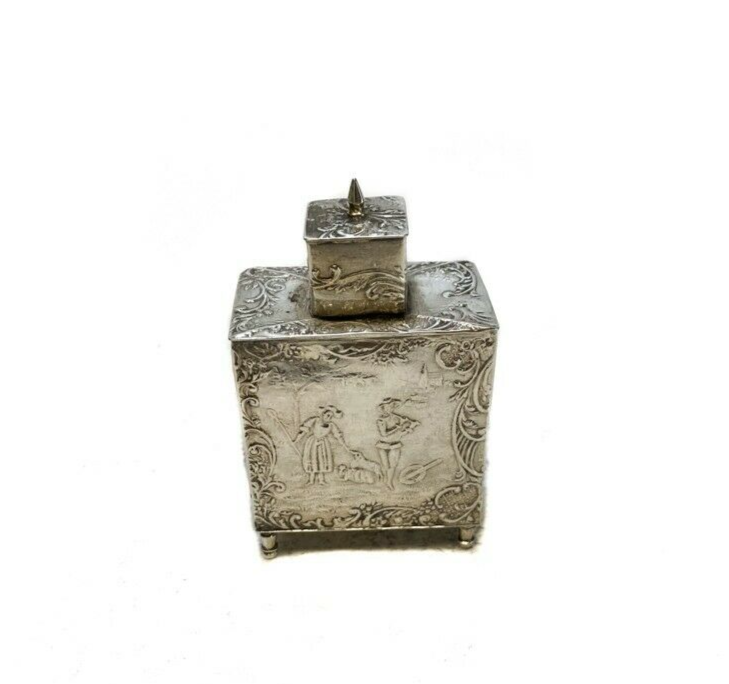 Dutch Miniature Footed 833 Silver Tea Caddy c. 1900 Repousse Scenes Figures