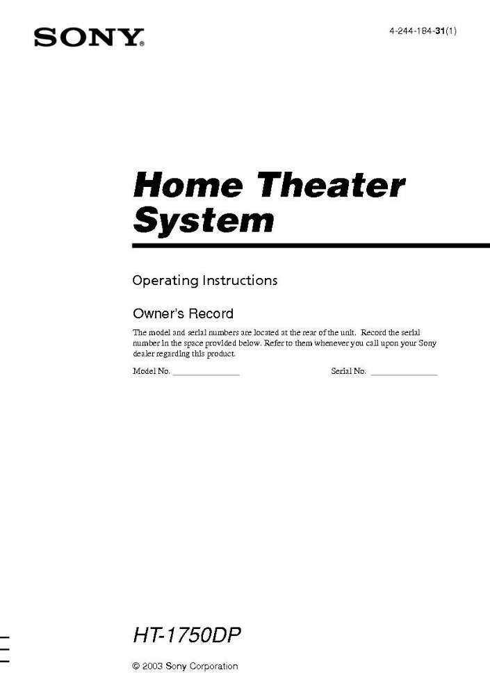 Sony HT-1750DP Home Theater System Owners Manual