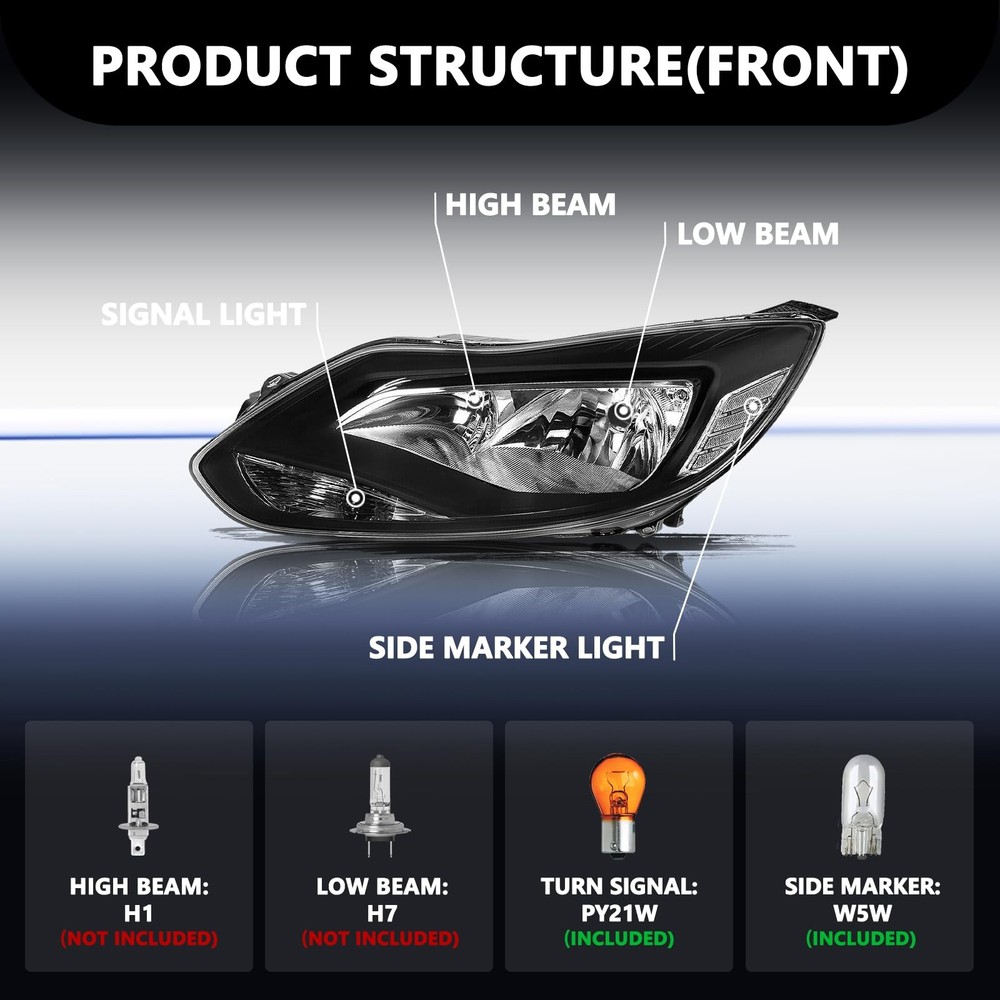 Headlight for 2012-2014 Focus Halogen Black Clear Reflector Driver Passenger