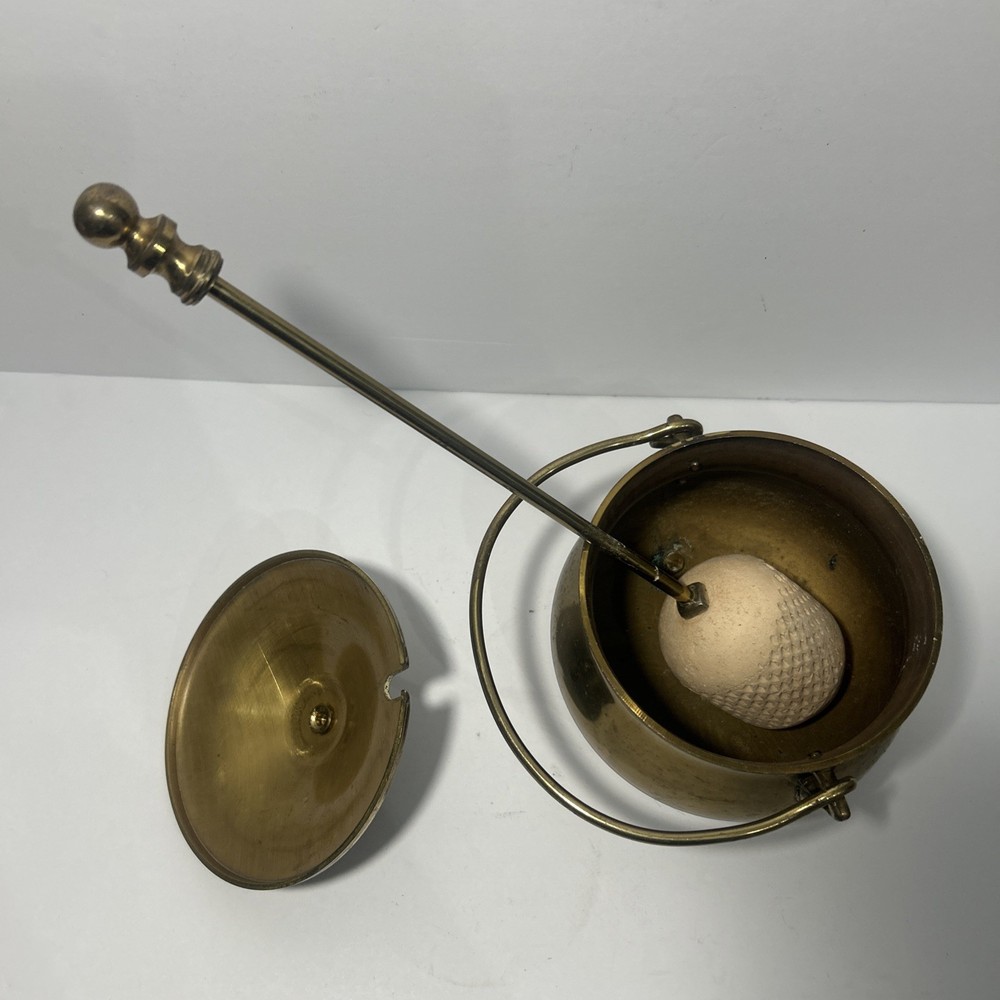 Vintage Solid Brass Smudge Pot Fire Lighter w/ Long Rod & Bail Handle