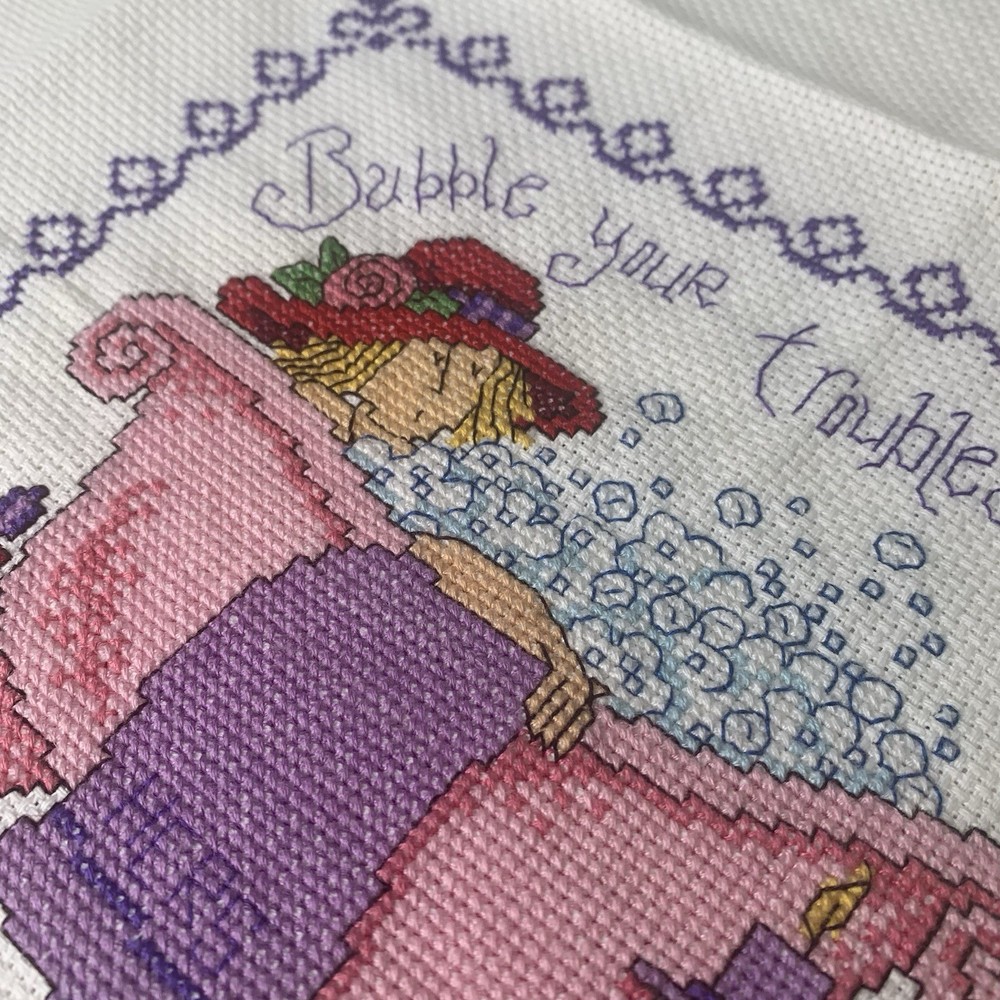 Completed Bubble Your Troubles Away Counted Cross Stitch + Pattern Imaginating