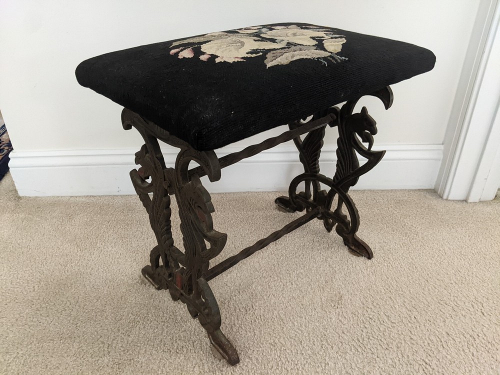 Victorian Floral Iris Needlepoint Bench Stool Ft. Bronzed Cast Iron Chimera Base