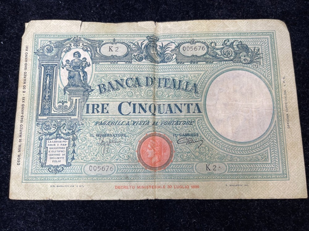 1943 Italy 50 Lire Banknote
