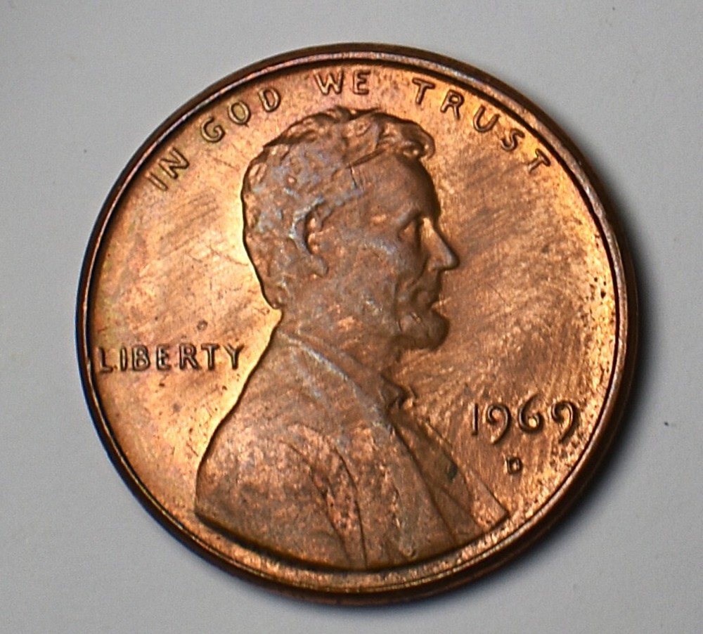 1969 D Lincoln Memorial Cent Error Stike Through High Mint State Red